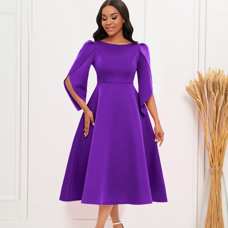 D413 Foreign Trade Women's Clothing 2026 Autumn Fashion Elegant Round Neck Bell Sleeve Evening Dress Cross-Border Dress D413 Foreign Trade Women's Clothing 2026 Autumn Fashion Elegant Round Neck Bell Sleeve Evening Dress Cross-Border Dress