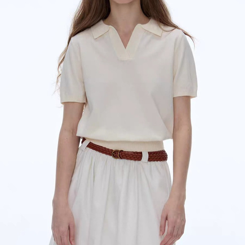 Retro White Polo Shirt Short-Sleeved Knitwear Summer French Commuter Casual Knitwear T-Shirt Top for Women