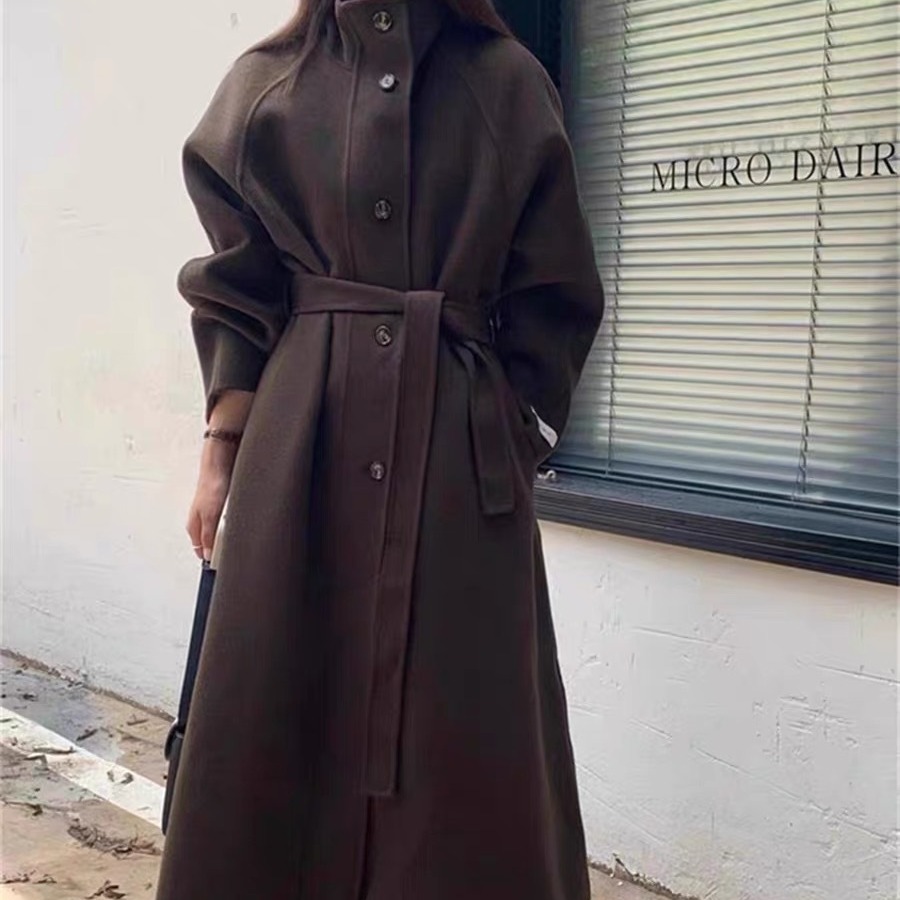 韓国風スタンドカラー新年コート レディース 両面カシミヤウール 25秋冬新作 シングルボタン ロング丈ウールコート レディース