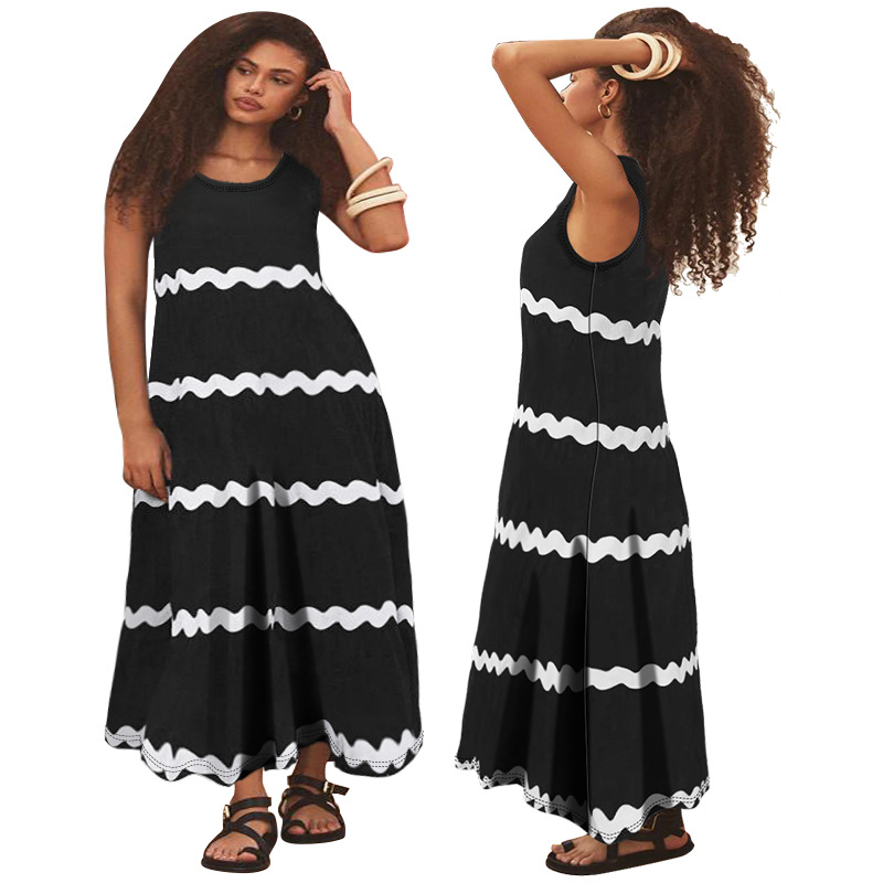 Plus size dames jurk mouwloos met spaghettibandjes gestreept_voghion.com