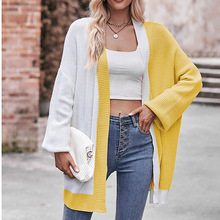 跨境欧美外贸女装2024秋冬新款亚马逊黄白撞色宽松披肩中长款毛衣