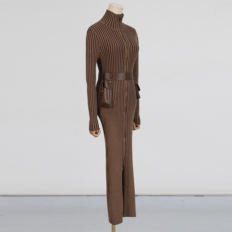 Long Dress Autumn Pocket Belt Design Waist Tight Slimming Knitted Dress Women