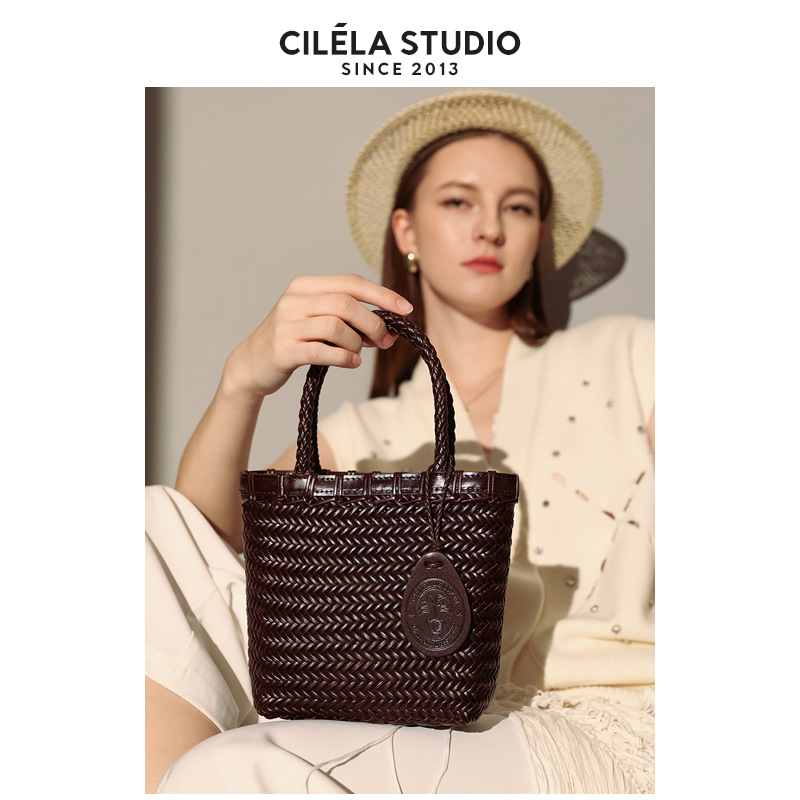 [Top Grain Leather] Handmade Woven Vacation Style Genuine Leather Handbag, Market Basket Tote Bag For Women, Summer