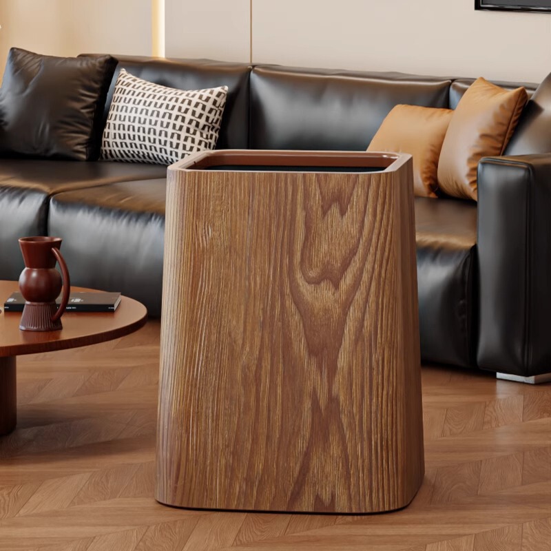 Wood Grain Trash Can, Retro Creative Kitchen, New Chinese Style, High Aesthetic Value, Hotel Bathroom Swing Lid Storage Wastebasket, Vintage