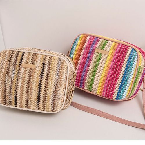 Cross-border export woven bag women's bag vertical pattern rainbow ethnic style grass fabric color camera bag