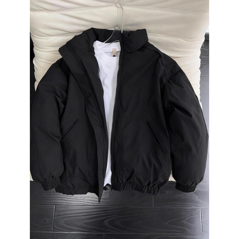 Black American-Style Flight Jacket Cotton Coat for Men, Winter Cleanfit Three-Proof Thickened Puffer Jacket with Stand Collar Cotton Outerwear