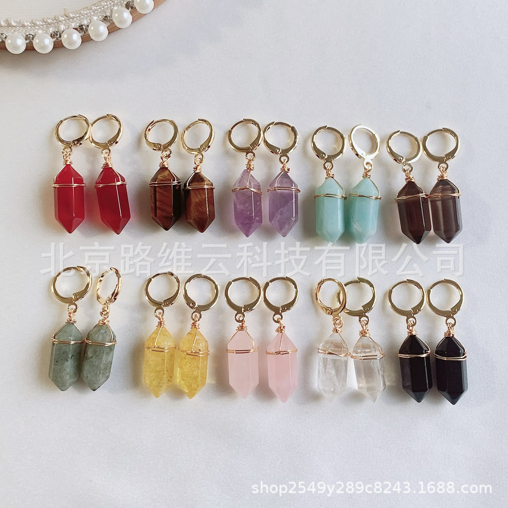 Pendientes de cristal natural de estilo explosivo transfronterizo, bala de doble punta, pequeña columna hexagonal, aretes de amatista de ágata roja, mujer