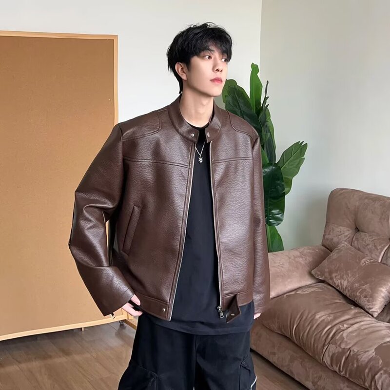 美式复古宽松立领机车皮衣外套男秋季新款设计感帅气休闲pu皮夹克|undefined