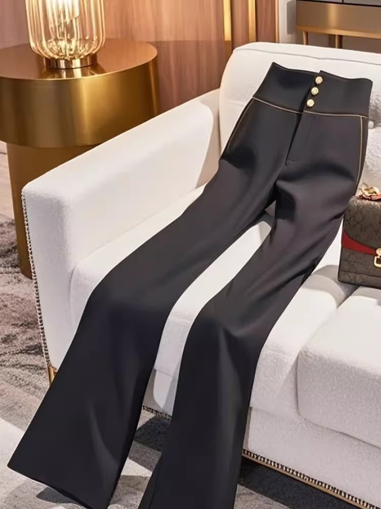 Black Women's High-waisted Straight Leg Trousers Flared Design_voghion.com
