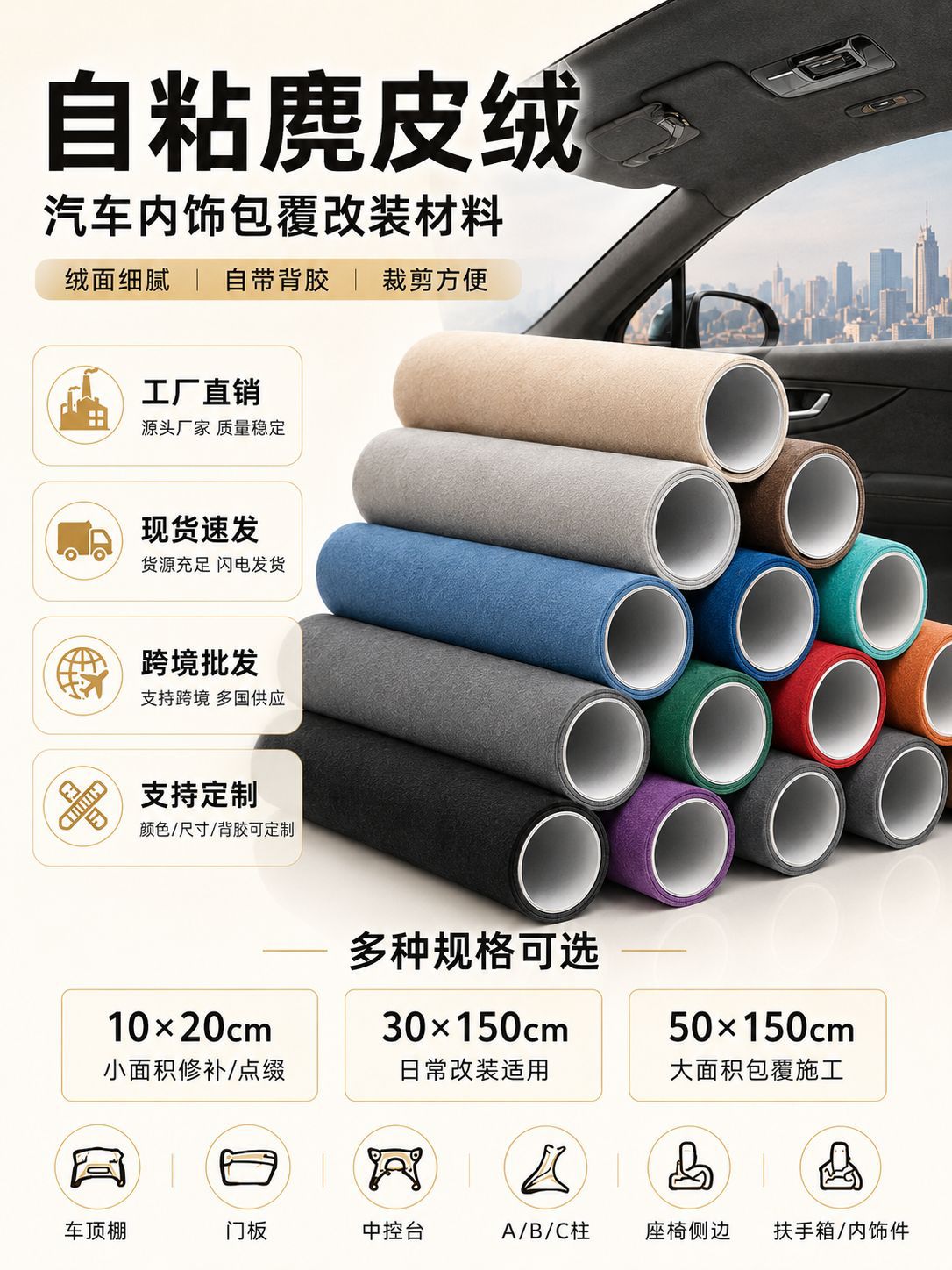 Self-Adhesive Suede Fabric for Car Interior Decoration, Door Panel, Seat, and Dashboard Covering, Modification Material in Stock
