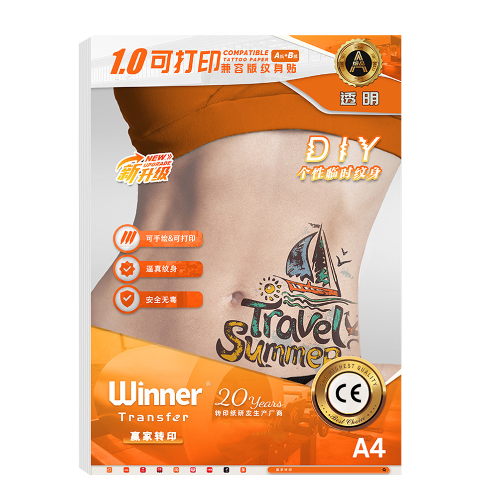 WT ganador Transferencia de fábrica de impresión al por mayor color de inyección de tinta láser de transferencia de agua tatuaje de papel transparente desechable etiqueta engomada del tatuaje