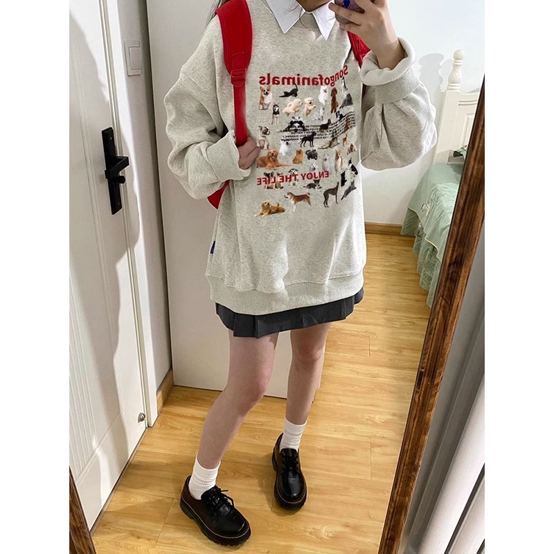 山东即墨卫衣美式正肩女早秋穿搭圆领女款小个子长袖复古薄款上衣|undefined