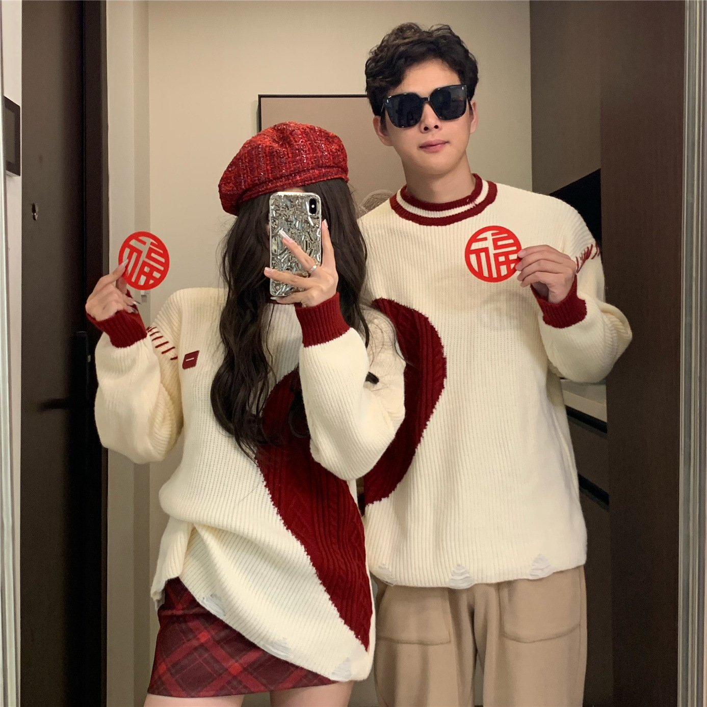 慵懒风秋冬季新款气质宽松时尚爱心拼接百搭毛衣红色针织衫情侣装