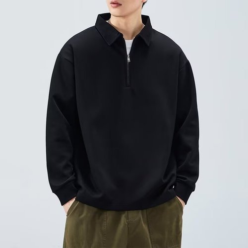 Men's Spring and Autumn Season Trendy Loose Turn-up Collar Pullover Hoodie with POLO Collar Long Sleeve T-shirt