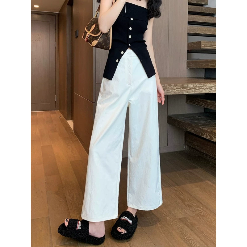 Белые укороченные широкие брюки для женщин, летние тонкие свободные повседневные прямые брюки, миниатюрные брюки-карго с высокой талией в ленивом стиле.