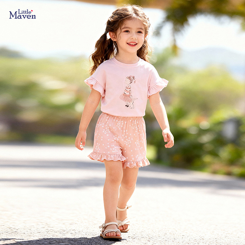 Cross-Border Export Summer Girls' Suits European and American Style Cute Kidsren's Suits Round Neck T-Shirt Shorts Two-Piece Set