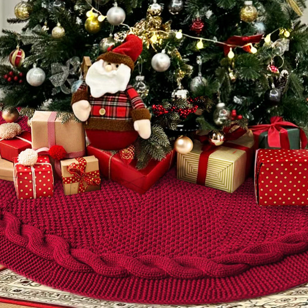 Cross-Border Christmas Tree Skirt Red and Creamy White Knitted Tree Skirt Christmas Tree Skirt Carpet Christmas Tree Base Decoration