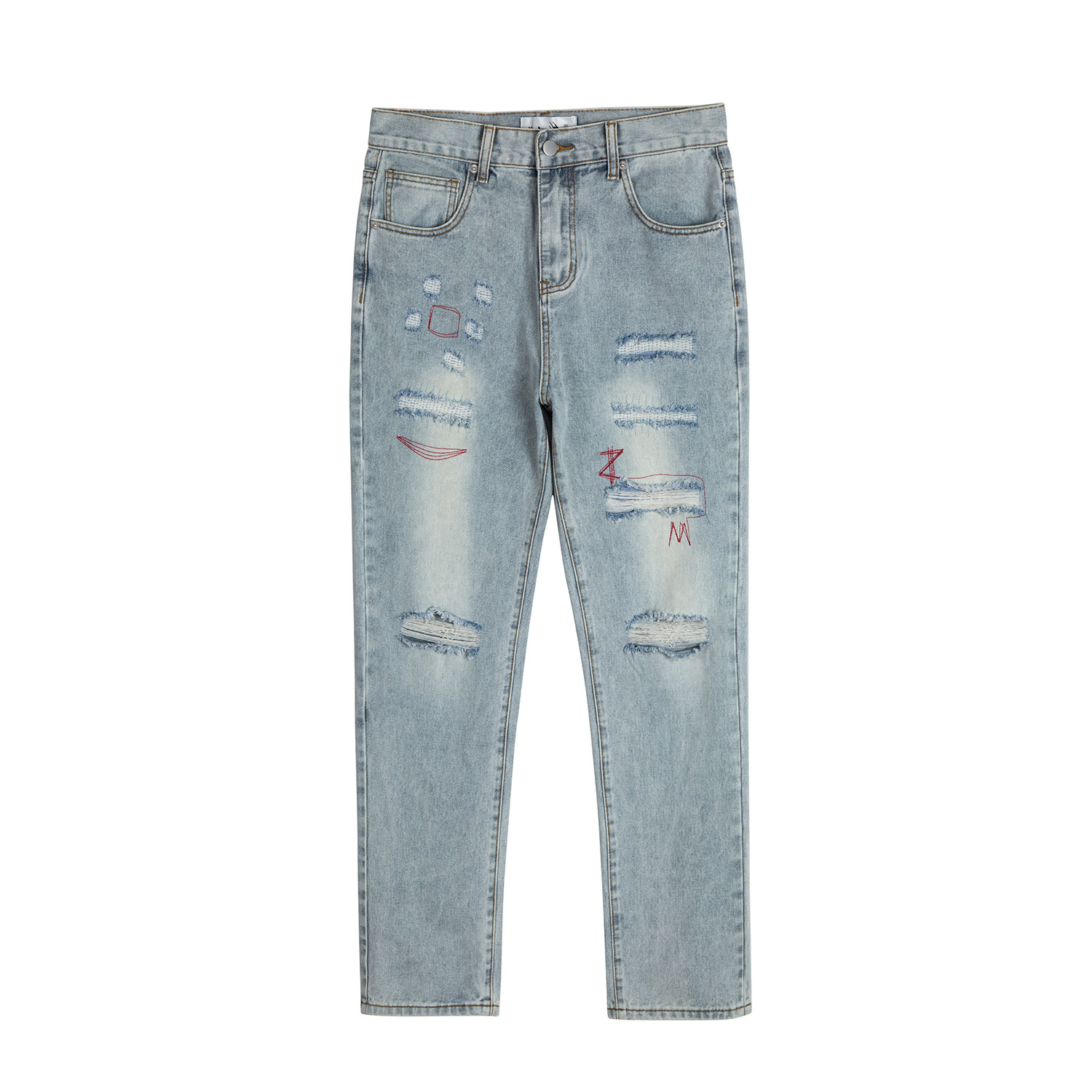 Men's Clothing high street loose Parisian style RO style distressed straight leg ripped cat whisker jeans overalls_voghion.com