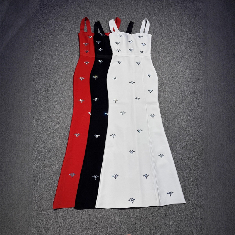 Amazon Cross-Border New White and Red Spaghetti Strap Slit Rhinestone Long Dress Sexy Hot Girl Date Bandage Dress Amazon Cross-Border New White and Red Spaghetti Strap Slit Rhinestone Long Dress Sexy Hot Girl Date Bandage Dress