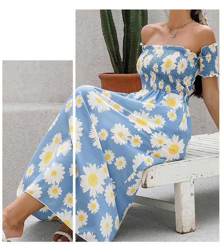 blue word-neck floral short-sleeved long dress  NSGHF122935