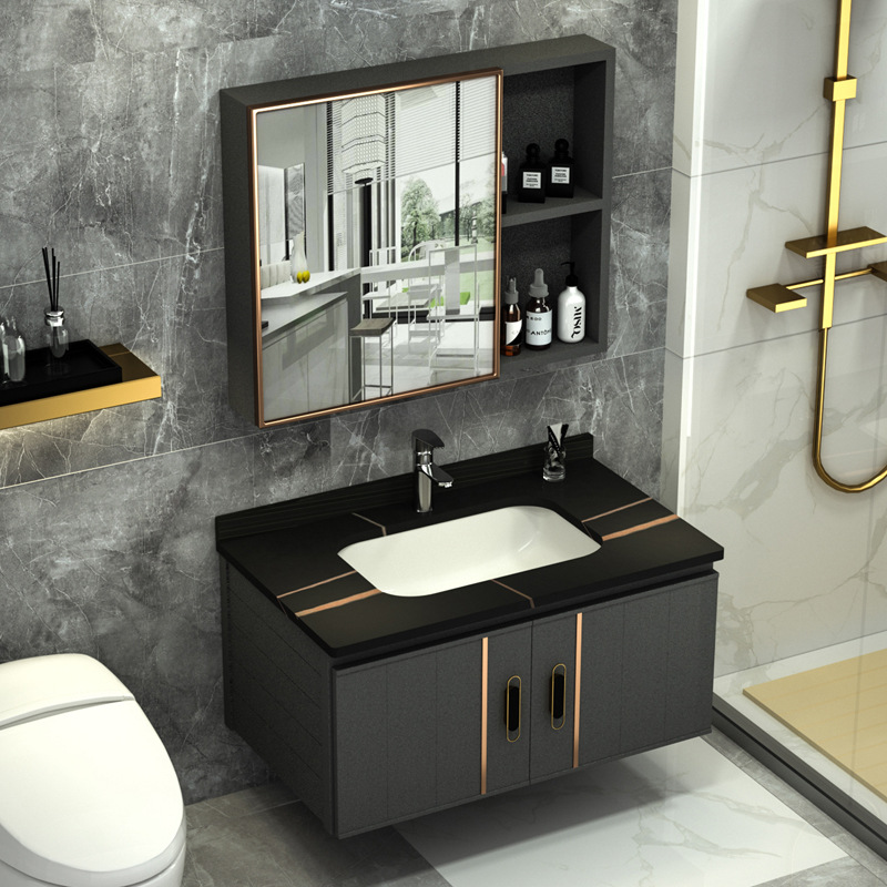 Shiqi Placa de roca espacio gabinete de baño de aluminio combinación de baño lavabo gabinete mesa de lavado espejo Gabinete integrado lavabo gabinete