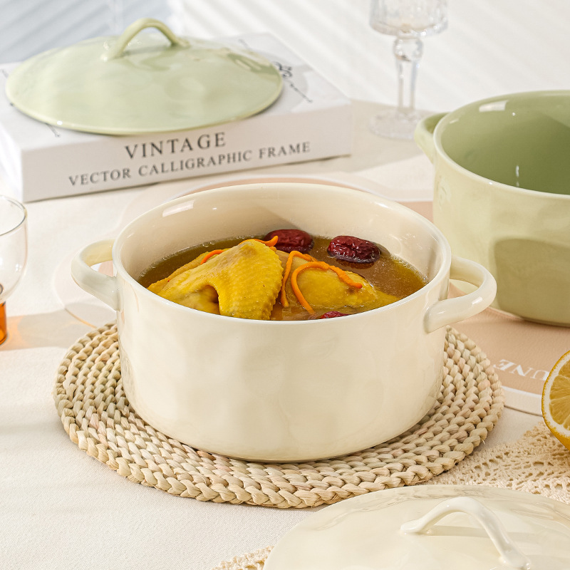 Olla grande de cerámica estilo japonés de lujo ligero, estilo crema, para sopa, fideos instantáneos, tazón grande para sopa, vajilla de cerámica
