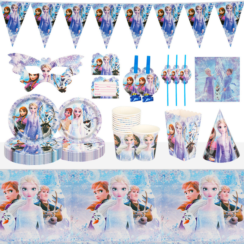 Third Generation Frozen Kidsren's Cartoon Theme Birthday Party Paper Plate Paper Cup Tissue Disposable Tableware Set