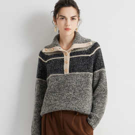 羊绒衫女100%纯山羊绒秋冬新款海军领花纱厚针织毛衣外套