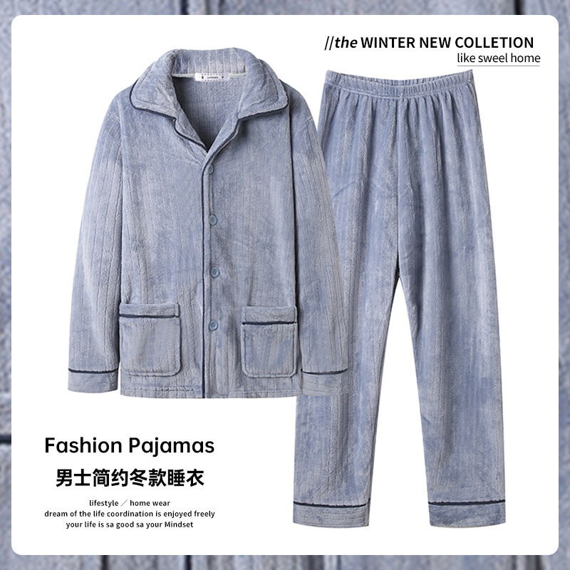 Otoño y invierno para hombres pijamas de terciopelo de coral gruesas con terciopelo de calor de manga larga franellas set de ropa de hogar se puede usar fuera