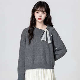 灰色翻领毛衣女春秋2025秋季新款蕾丝拼接长袖针织衫套头短款上衣