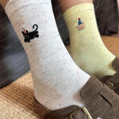 點子紗灰色襪子女中筒襪春秋新款卡通刺繡日系可愛秋冬堆堆襪長襪