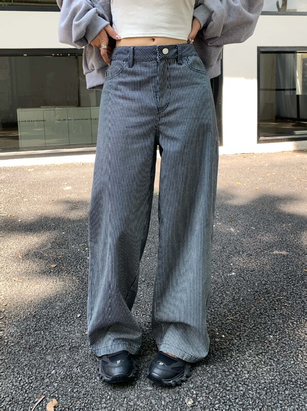 广州黄峥早秋穿搭休闲裤蓝色条纹阔腿裤女宽松百搭直筒裤子530871|undefined