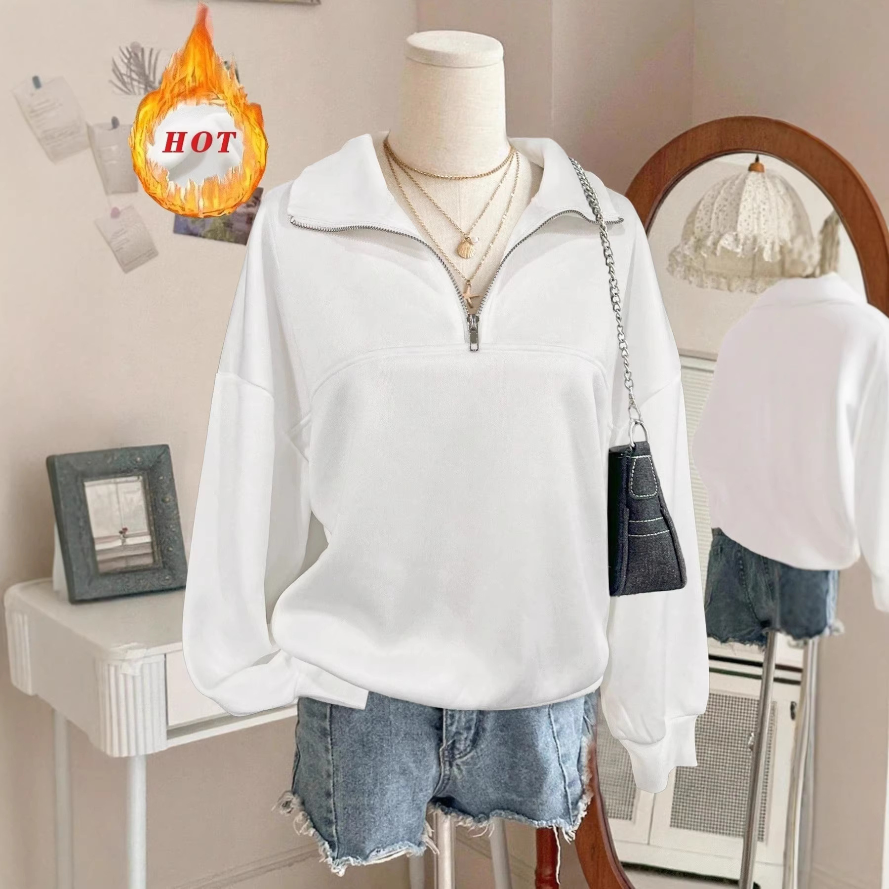 2026 Spring, Autumn and Winter New Women's Casual and Comfortable Solid Color Half-Zip Lapel Sweatshirt