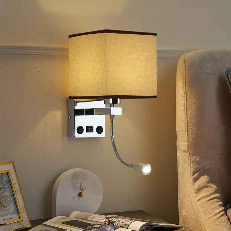 北欧布艺酒店室内壁灯 卧室USB充电阅读灯 中式现代简约床头壁灯