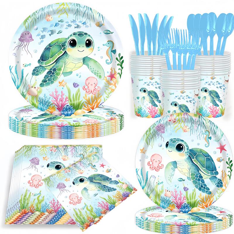 New Ocean Turtle Animal Theme Party Tableware Set Disposable Paper Plates, Cups, Napkins, Cutlery Supplies