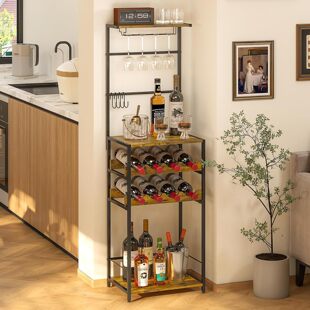 5-Tier Freestanding Wine Rack with Glass Holders and 4 S Hooks Bar Rack for Kitchen Dining Room Living Room Bar