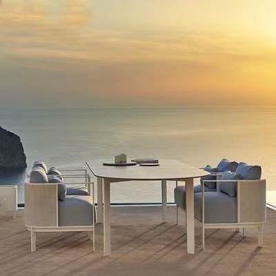 Muebles para patio, al aire libre, impermeables, resistentes al sol, para terraza de jardín, comunidad, asientos de acero inoxidable, sofá, estilo nórdico minimalista.