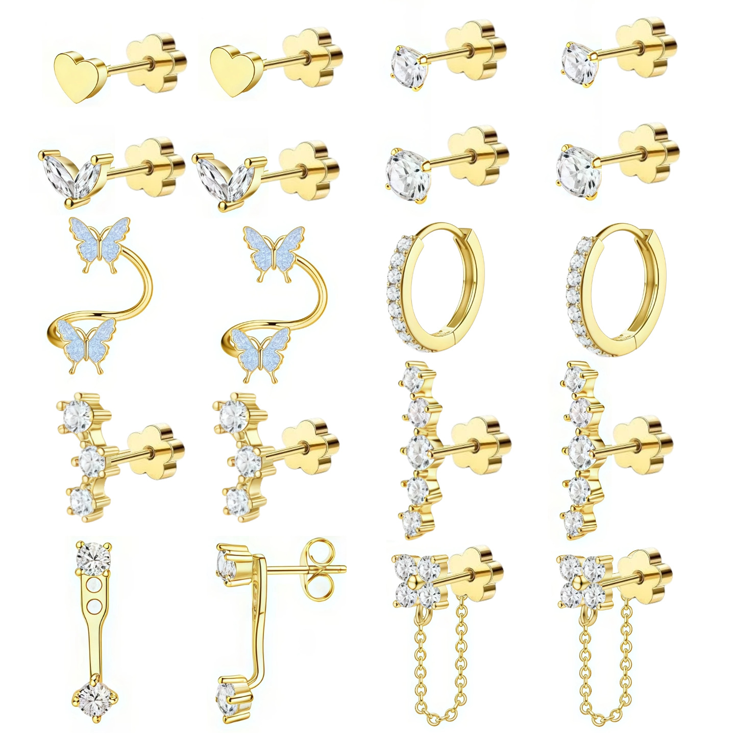 New minimalist and stylish butterfly claw-set cubic zirconia earring set, featuring heart and star cubic zirconia earrings, a versatile earring set