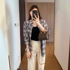 CJ98 休闲慵懒 微褶肌理感宽松版翻领落肩袖真口袋复古格纹衬衫