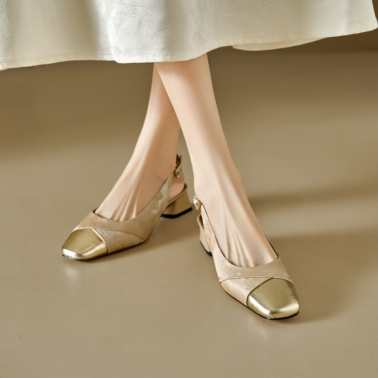 Sandal bít mũi nữ da bò phối màu gót thô 5 cm — Màu xanh lá, Màu mơ chi tiết 29