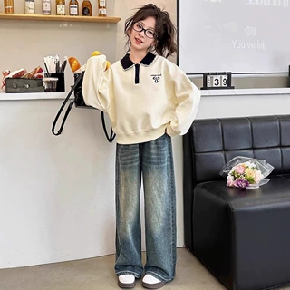 女童卫衣春秋装百搭新款大童学院风POLO衫上衣儿童长袖T恤打底衫