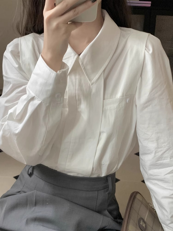 法式白色长袖衬衫女早秋内搭小个子翻领衬衣职业通勤宽松打底上衣|undefined