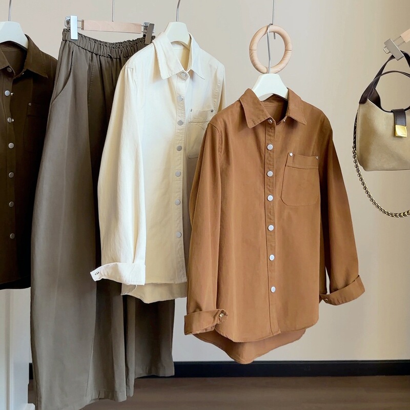 Korean-style vintage washed cotton polo collar long-sleeve shirt for women, new autumn loose-fit versatile casual shirt jacket top