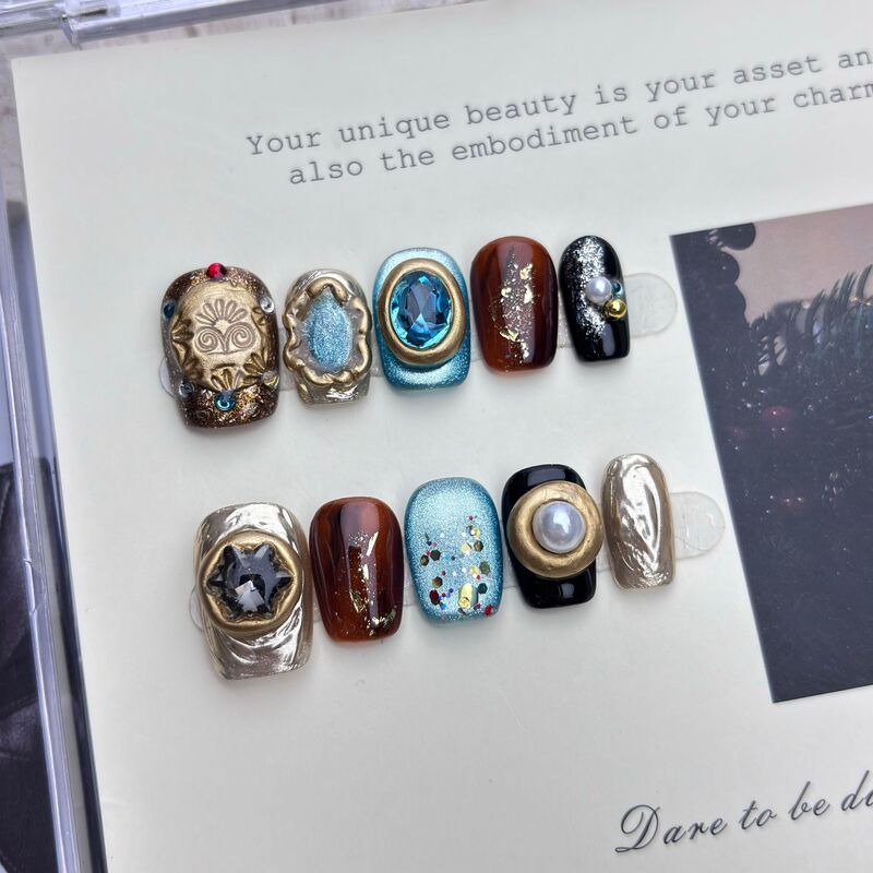 【Mo Lan】Purely Handmade Wearable Nail Metal Carving Contrast Color Personality Design High-End Whitening Ins Cat Eye