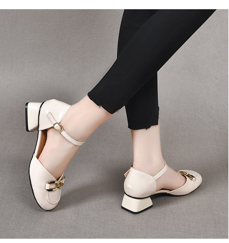 Sandal nữ mũi kín quai ngang da thật gót vuông 6 cm đế mềm có khóa — Màu đen chi tiết 3