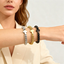 跨境不锈钢镀金十字架手链 时尚菠萝珠串珠编织可调节手串男配饰