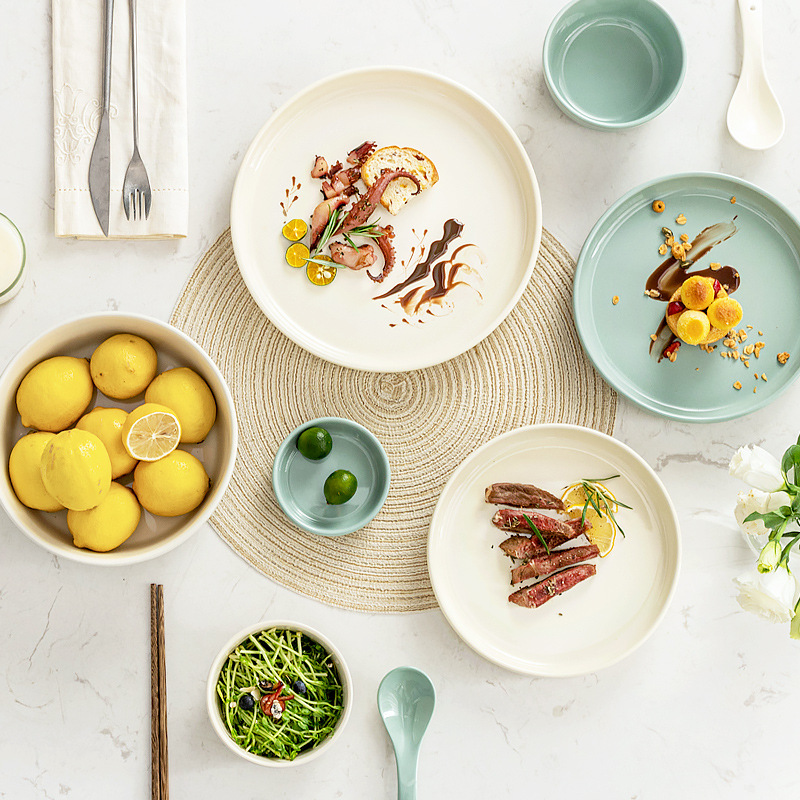 Nórdico plato de cerámica tazón plato traje hogar creativo neto rojo ins simple arroz tazón plato redondo combinación tazón palillos vajilla