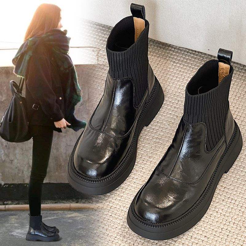 French Slim Boots for Women in Autumn and Winter Plus Velvet Chelsea Boots Short Boots Elastic Socks Boots Thick Heel Martin Boots