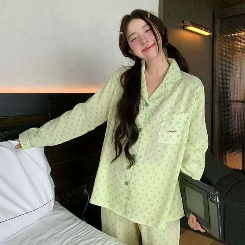 Spring pajamas for women, long-sleeved and long-pants, fresh polka dot cardigan, slimming and youthful, suitable for home and outdoor wear, cotton set Spring pajamas for women, long-sleeved and long-pants, fresh polka dot cardigan, slimming and youthful, suitable for home and outdoor wear, cotton set