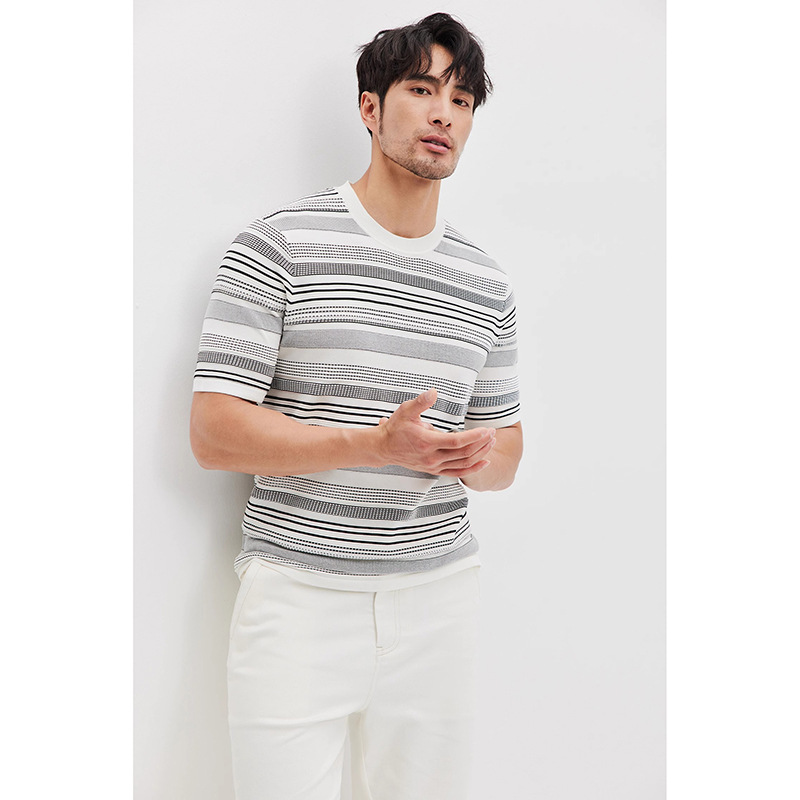 Verano nuevo cuello redondo ligero texturizado rayas camiseta de manga corta camiseta de punto hombre sin calentamiento camiseta de negocios comercio exterior al por mayor transfronterizo